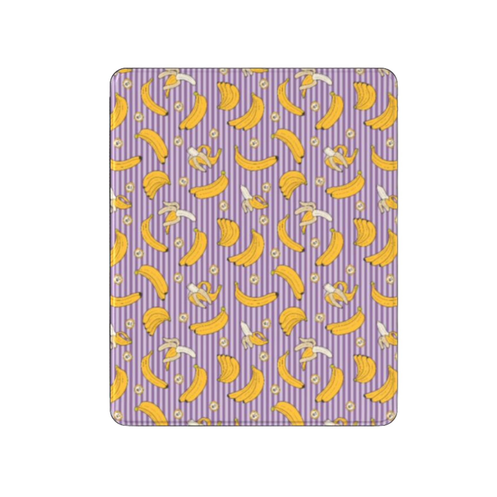 Patterned purple and yellow fabric with banana design on a white background