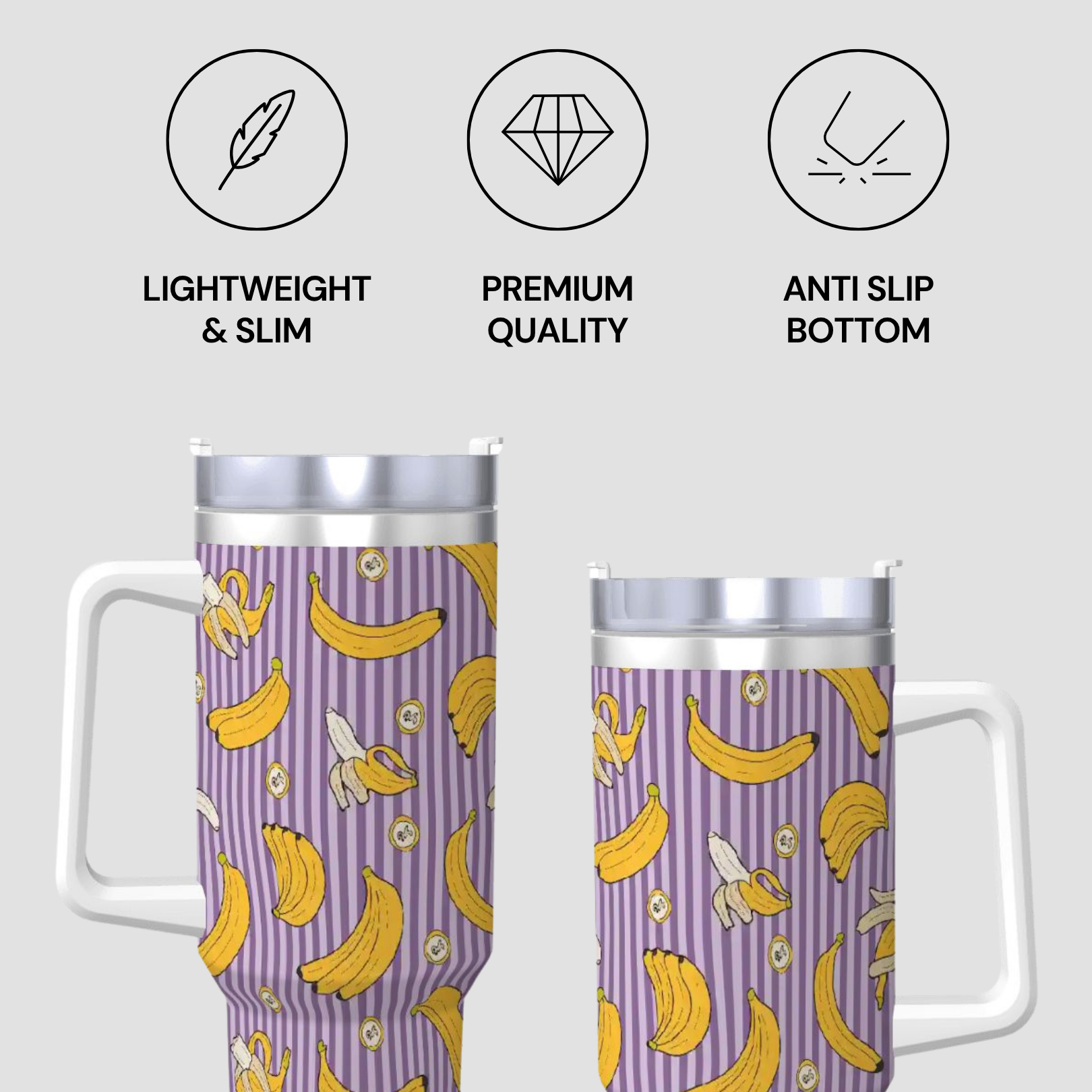 Two travel mugs with banana pattern and product features on a light gray background
