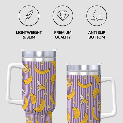 Two travel mugs with banana pattern and product features on a light gray background