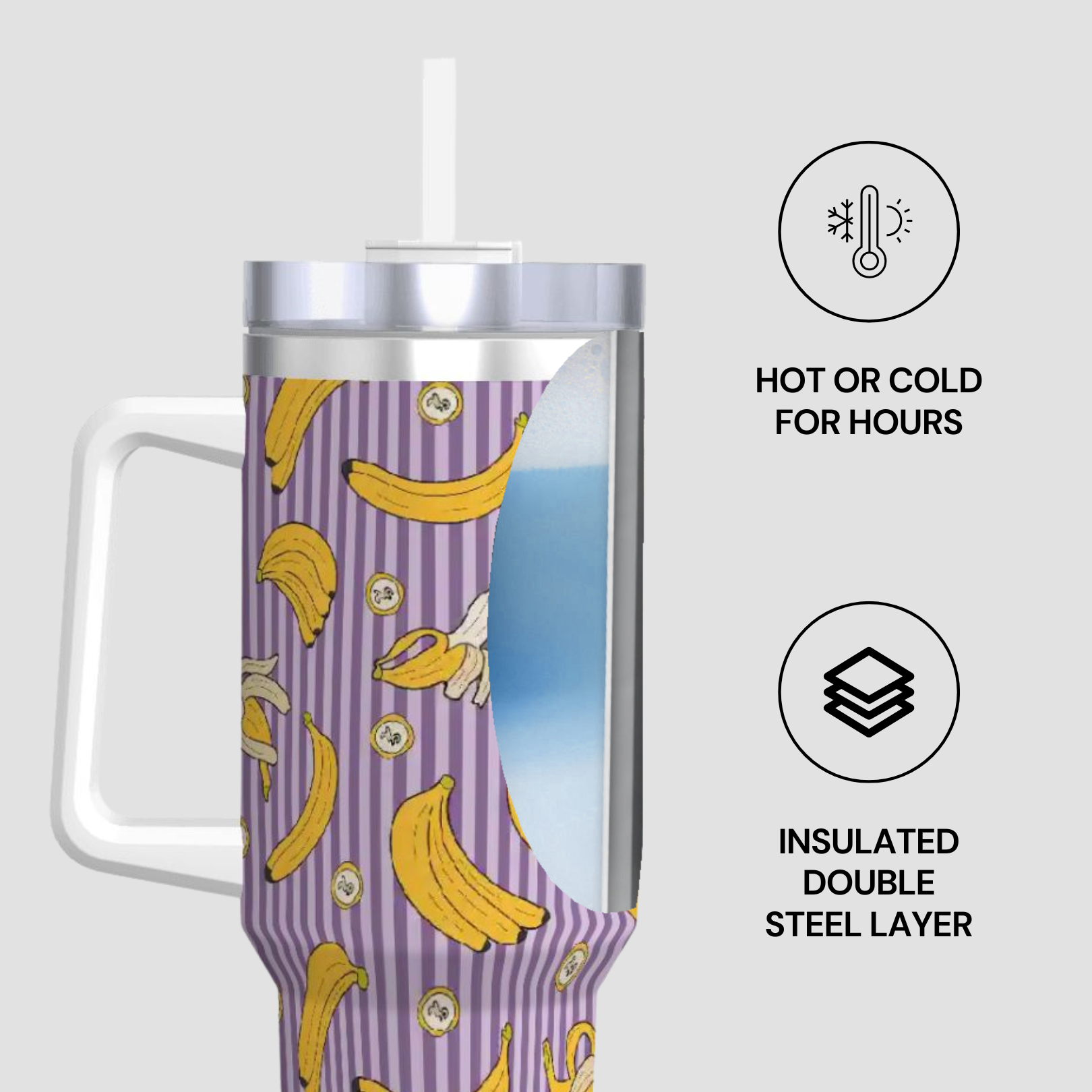 Tumbler with banana pattern on a purple background, featuring insulated design text.