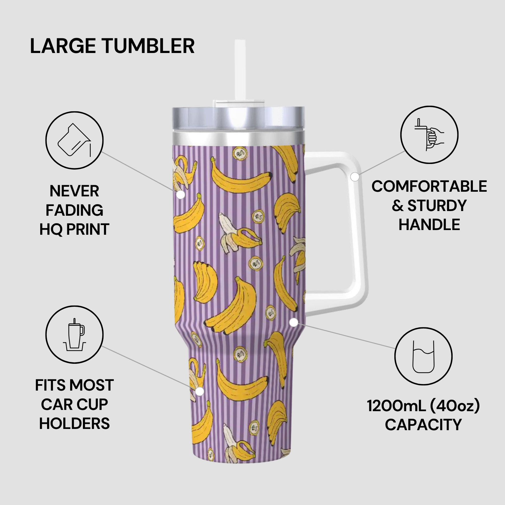Purple tumbler with banana pattern and features listed on a gray background