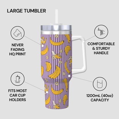 Purple tumbler with banana pattern and features listed on a gray background
