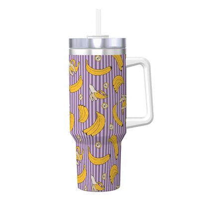 Tumbler with banana pattern on a purple background