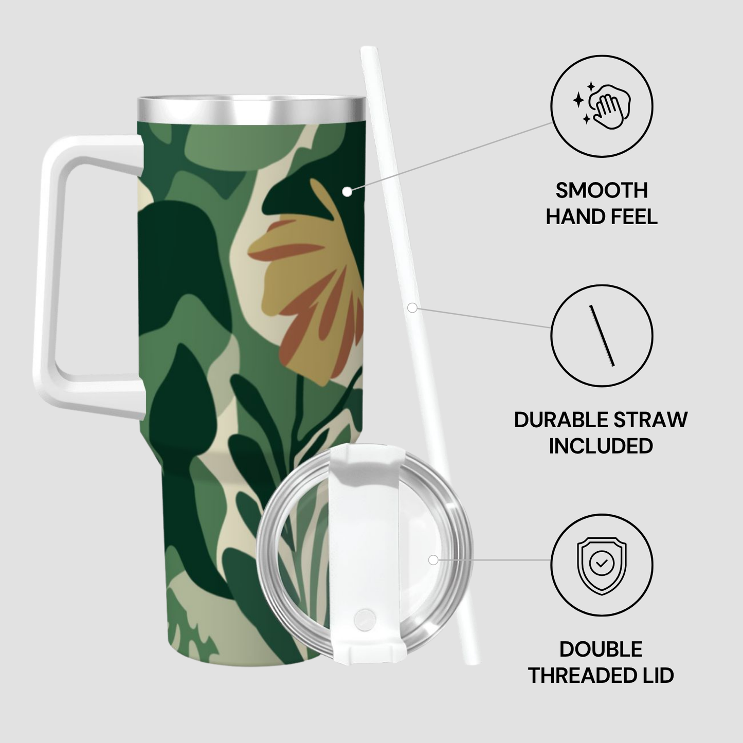 Tumbler with floral design, straw, and lid on a light gray background