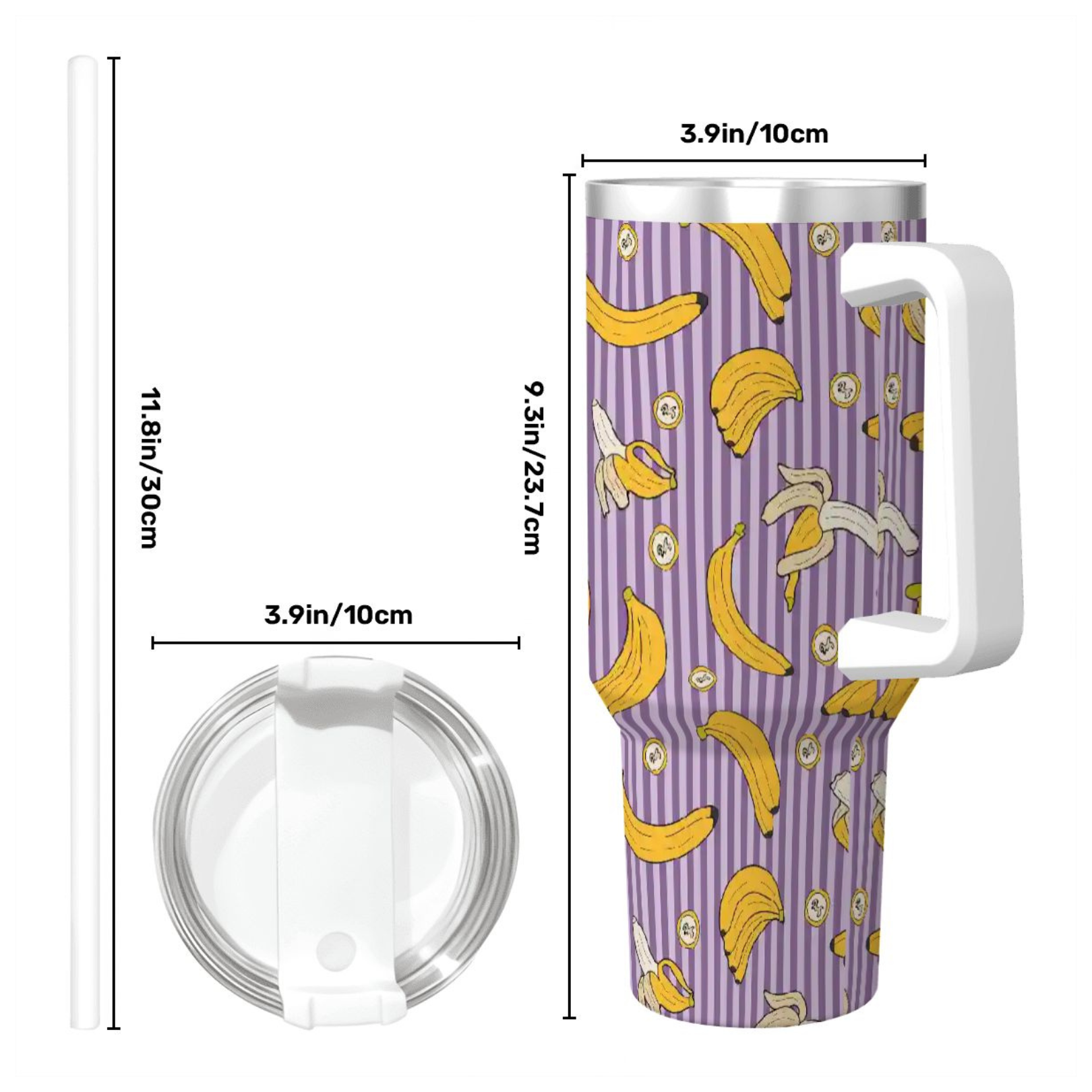 Tumbler with banana pattern and measurements on a white background