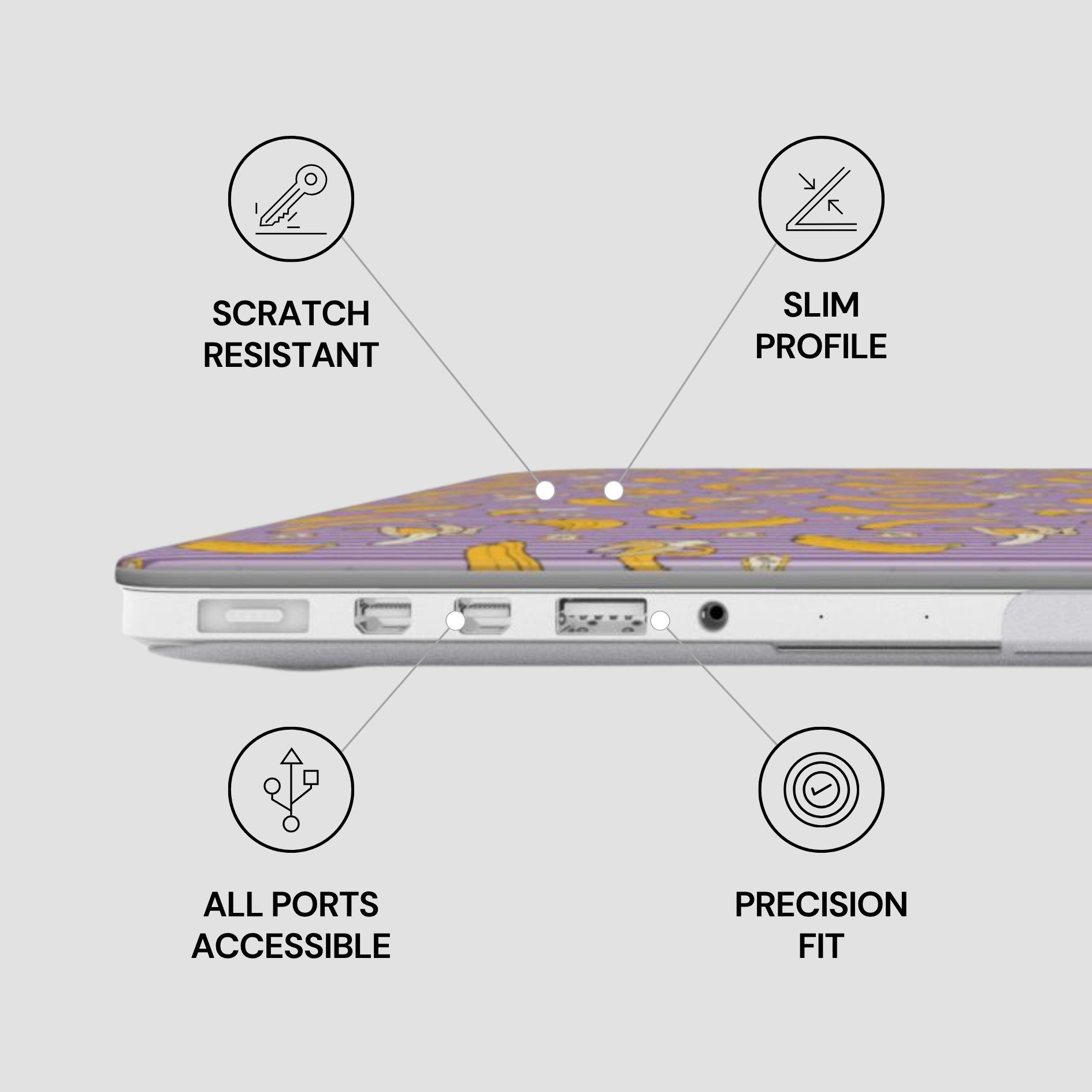 Laptop with features labeled as scratch resistant, slim profile, all ports accessible, and precision fit on a light gray background.