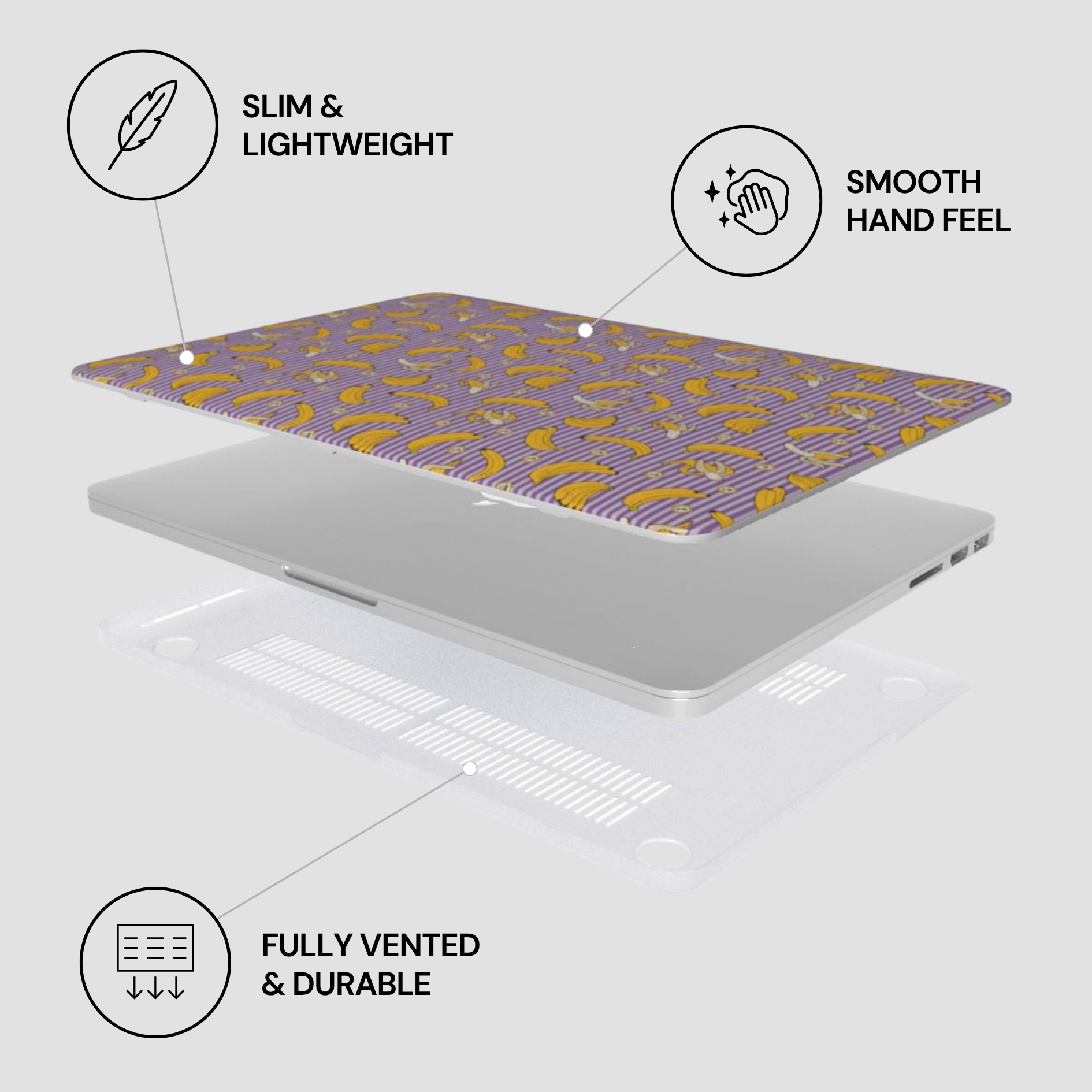 Laptop with a patterned cover on a light gray background, featuring text labels about the product's features.