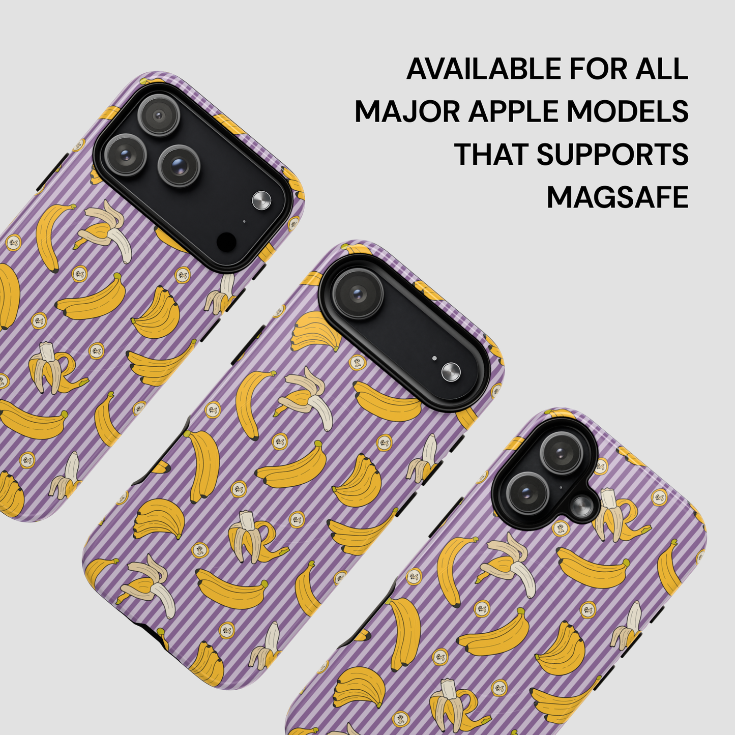 Phone cases with banana pattern on a light gray background