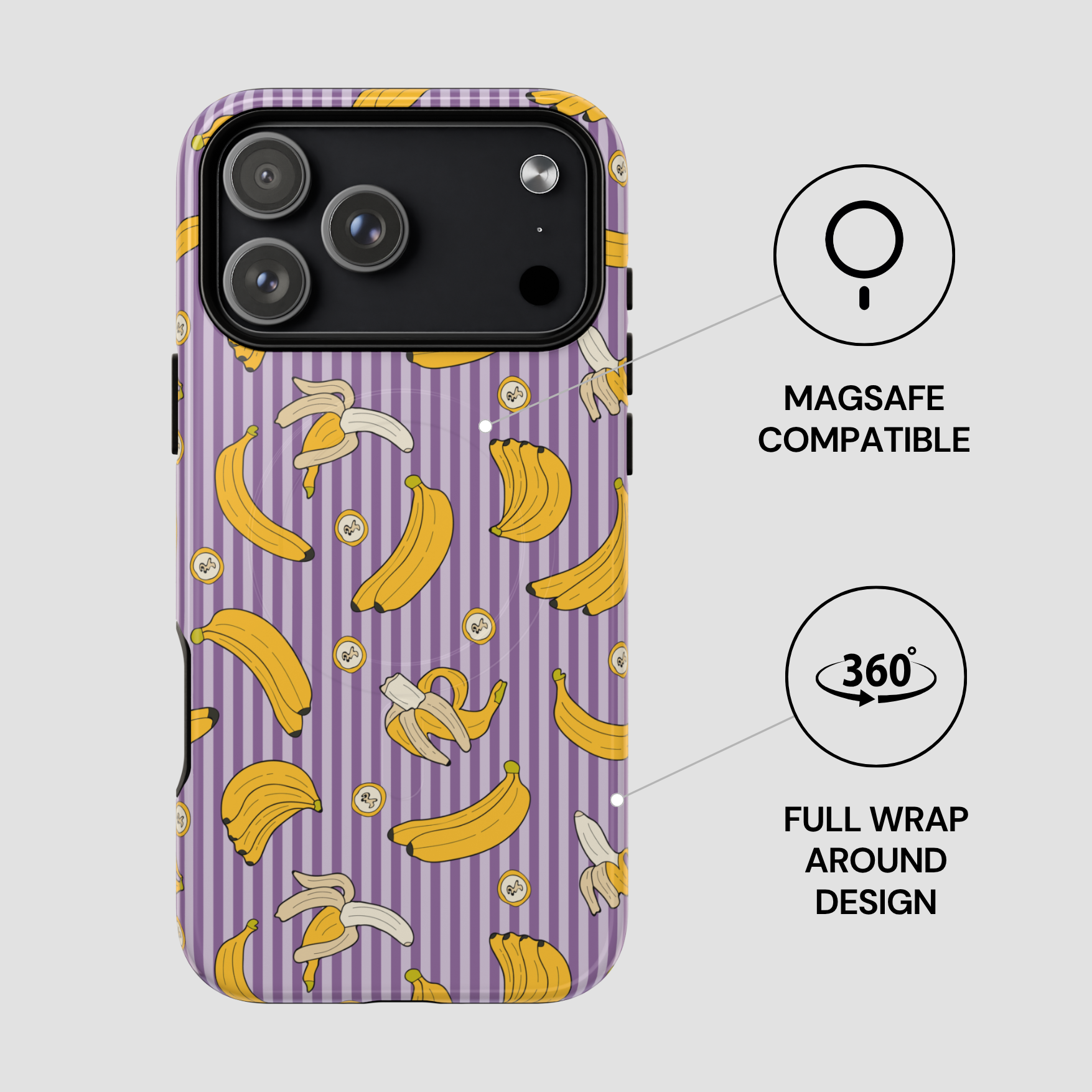 Phone case with banana pattern on a purple background, featuring MagSafe compatibility and 360-degree wrap design.