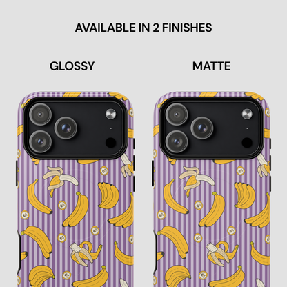 Two phone cases with banana pattern on a purple background, labeled 'Glossy' and 'Matte'.