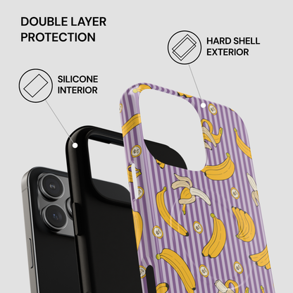 Phone case with banana pattern and text highlighting features on a gray background