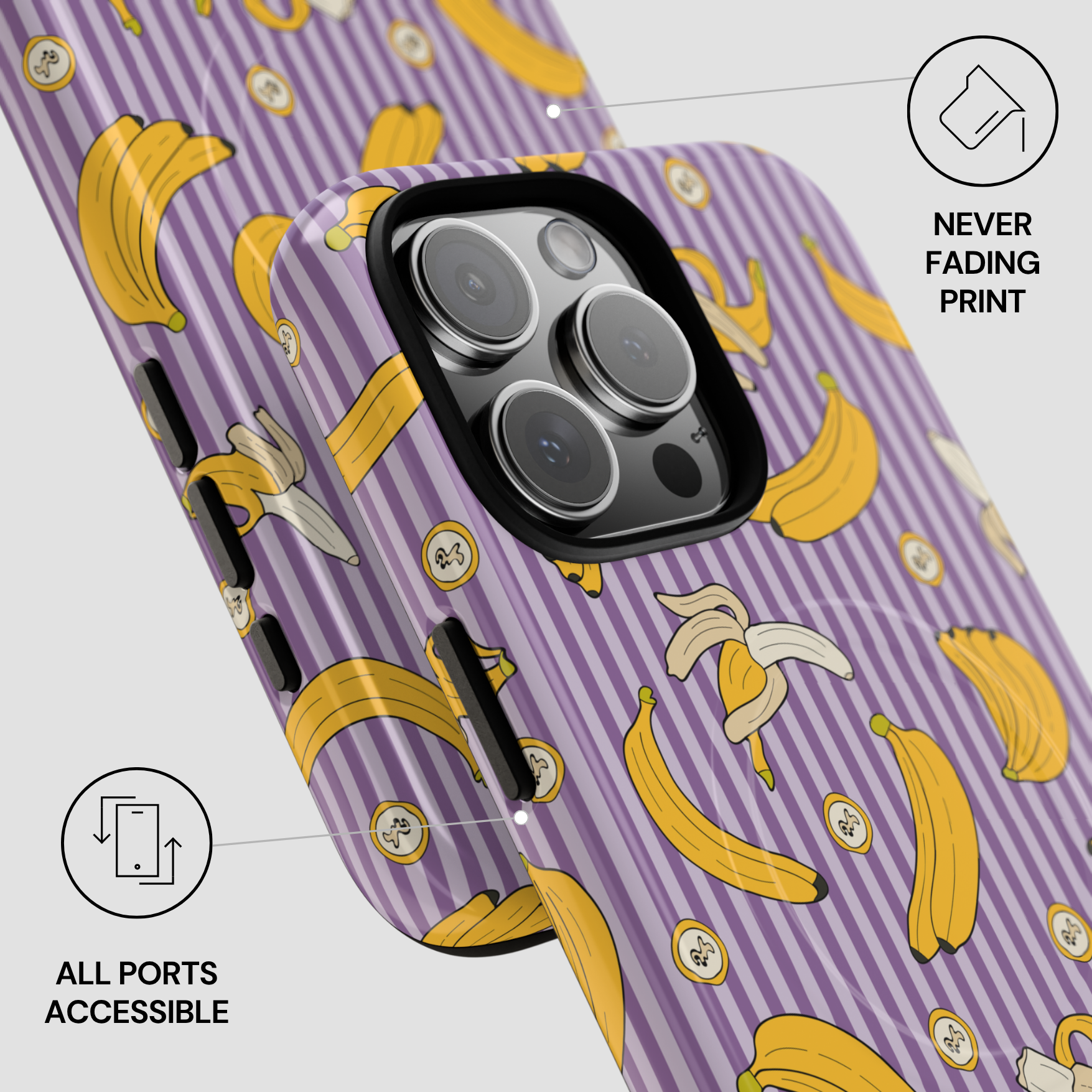 Phone case with banana pattern on a purple background
