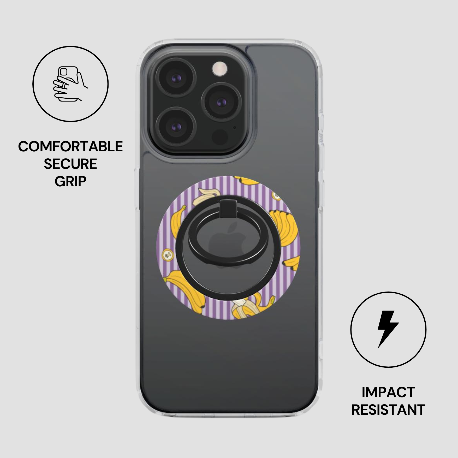 Phone case with ring holder and banana design on a gray background