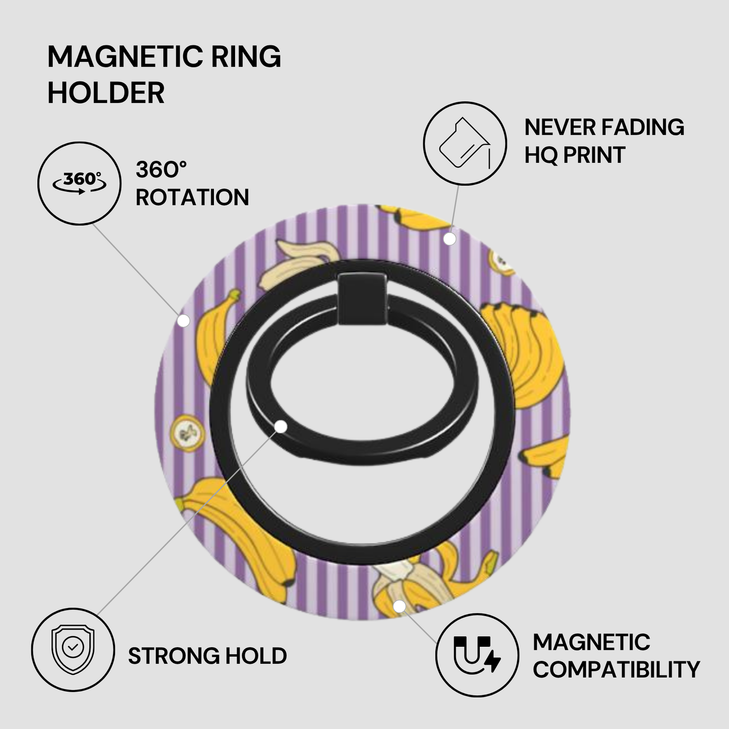 Magnetic ring holder with purple and yellow design on a gray background