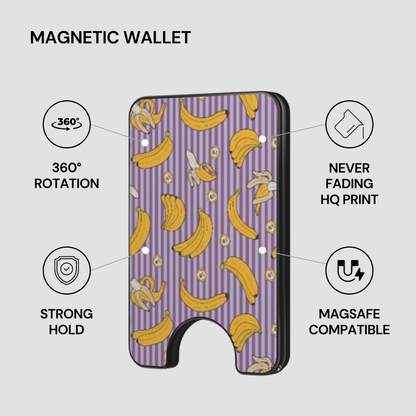 Banana Split Magnetic Wallet with feature callouts including strong hold, MagSafe compatible, and HQ print