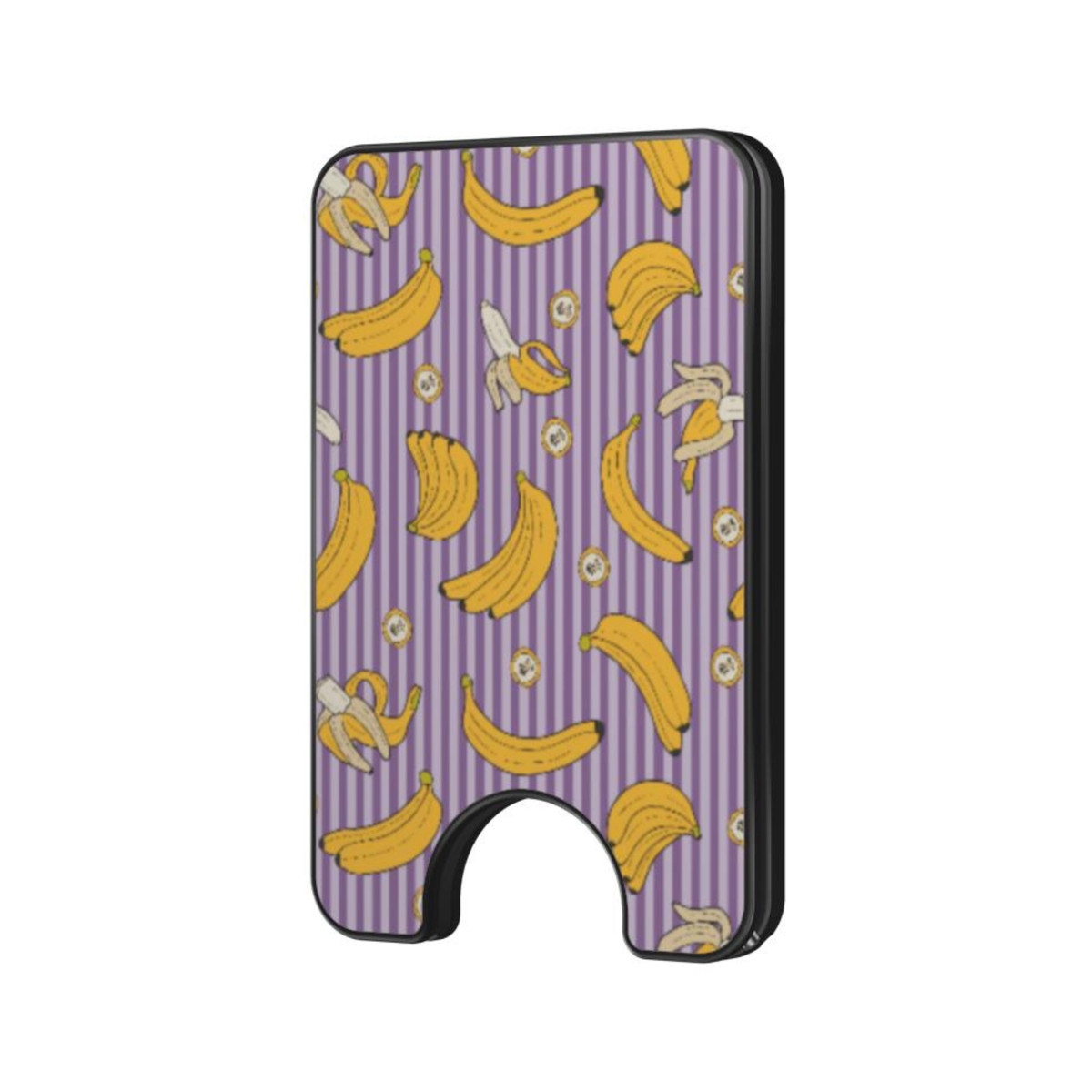 Banana Split Magnetic Wallet with playful banana print on a purple striped background
