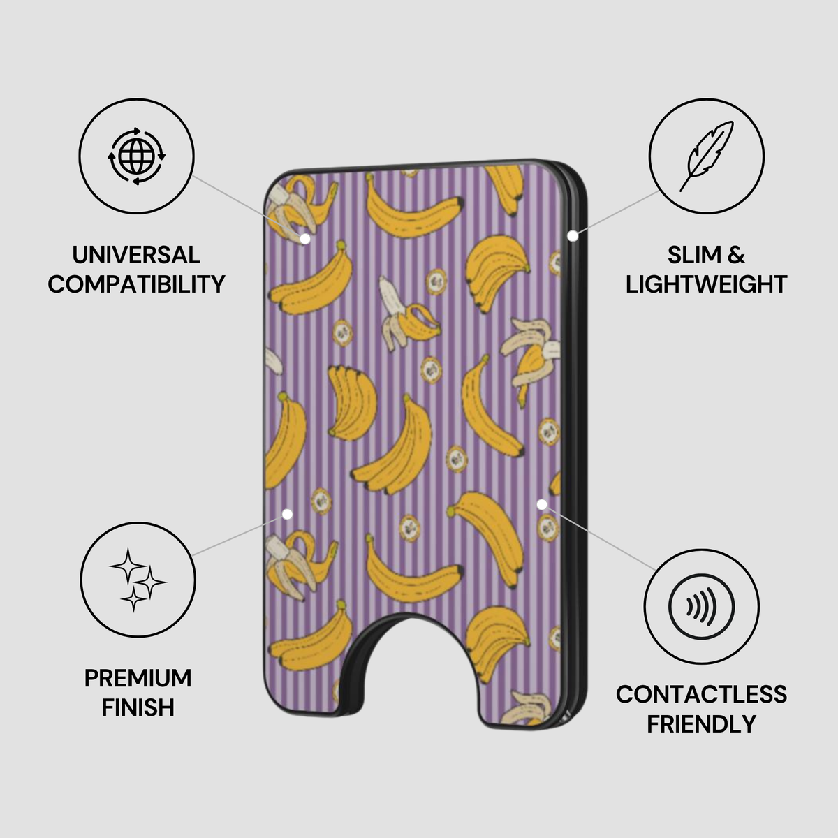 Banana Split Magnetic Wallet showing secure design, premium quality, and impact resistant features