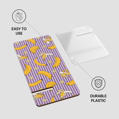 Phone case with banana pattern on a purple background, labeled 'Easy to use' and 'Durable plastic'.