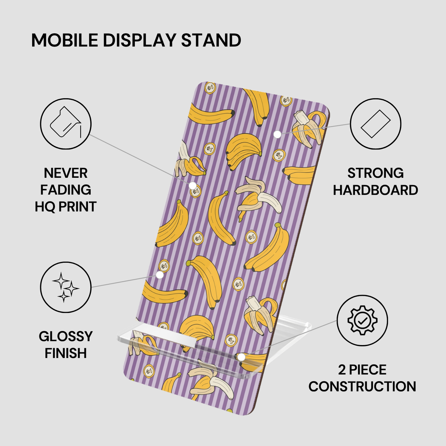 Mobile display stand with banana pattern on a purple and white striped background