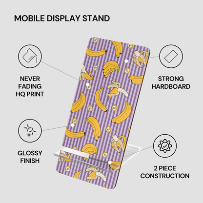 Mobile display stand with banana pattern on a purple and white striped background