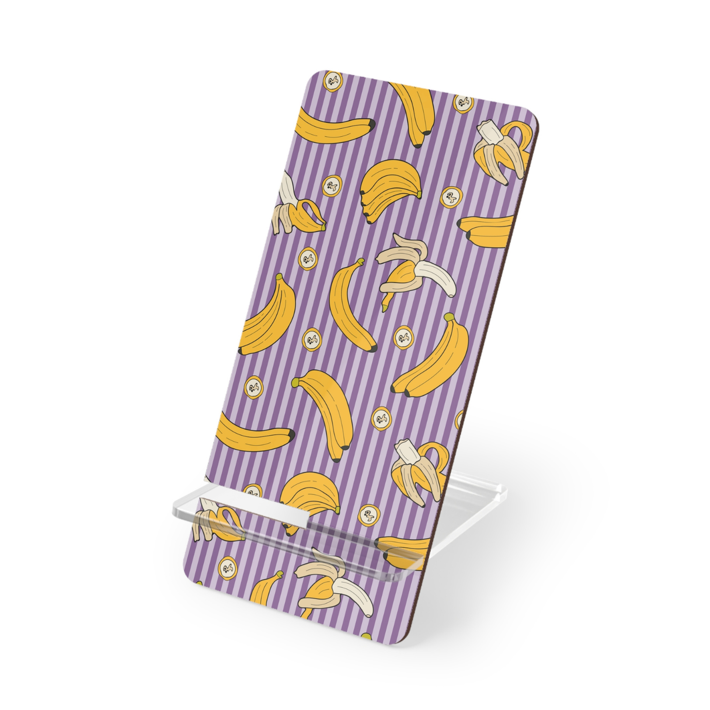 Phone stand with purple and white striped pattern and yellow banana illustrations on a white background