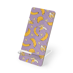 Phone stand with purple and white striped pattern and yellow banana illustrations on a white background