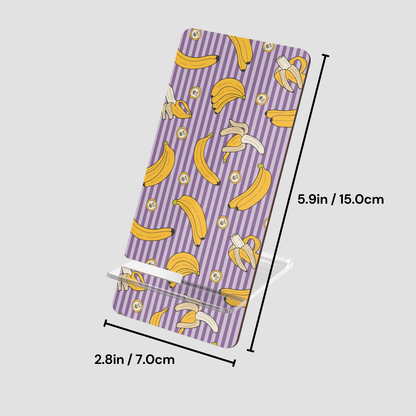Small pouch with banana pattern on a purple and white striped background, with dimensions indicated.