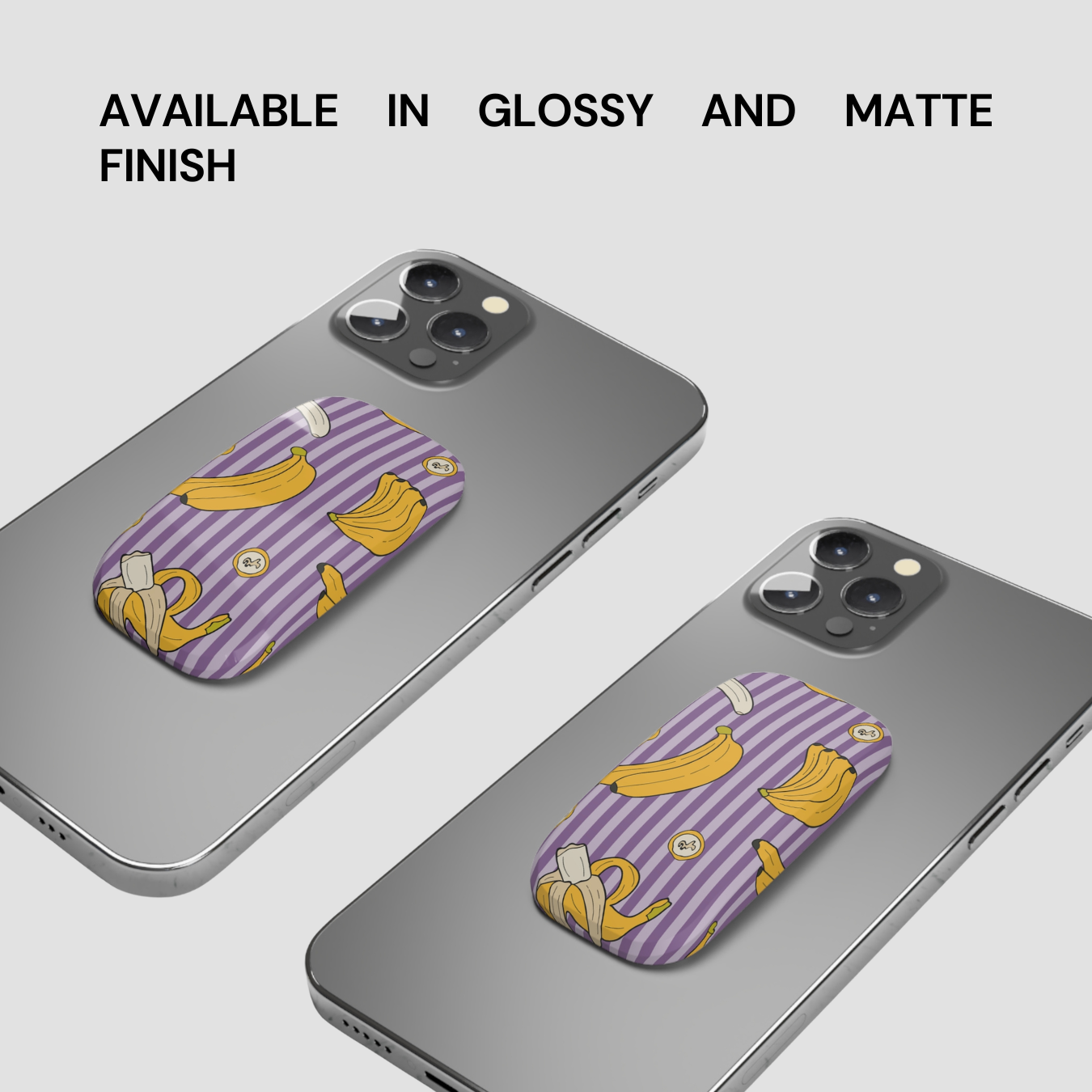Two phone cases with banana pattern on a gray background