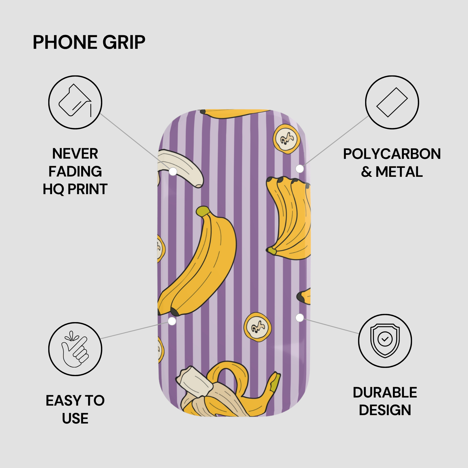 Phone grip with banana pattern on a purple background, featuring text about product features.