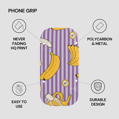 Phone grip with banana pattern on a purple background, featuring text about product features.
