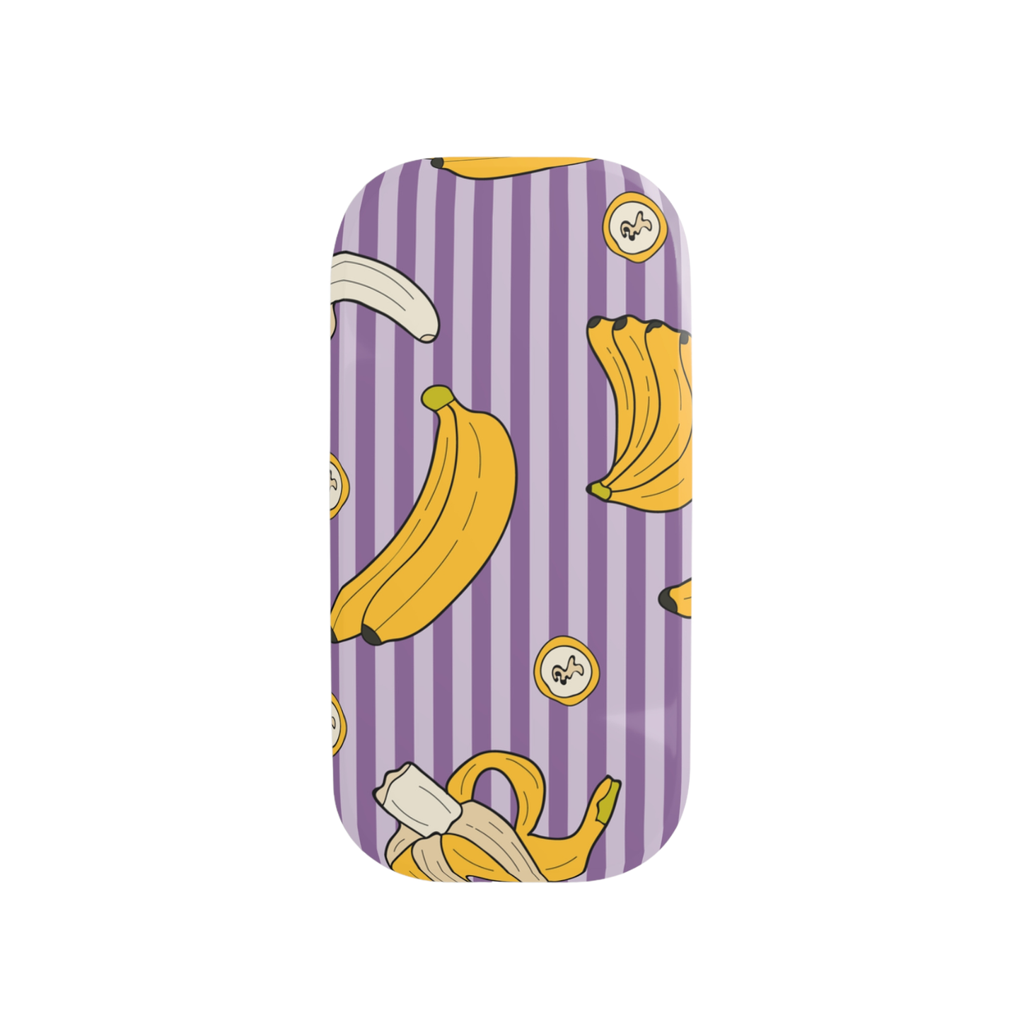 Phone case with banana pattern on a purple and white striped background