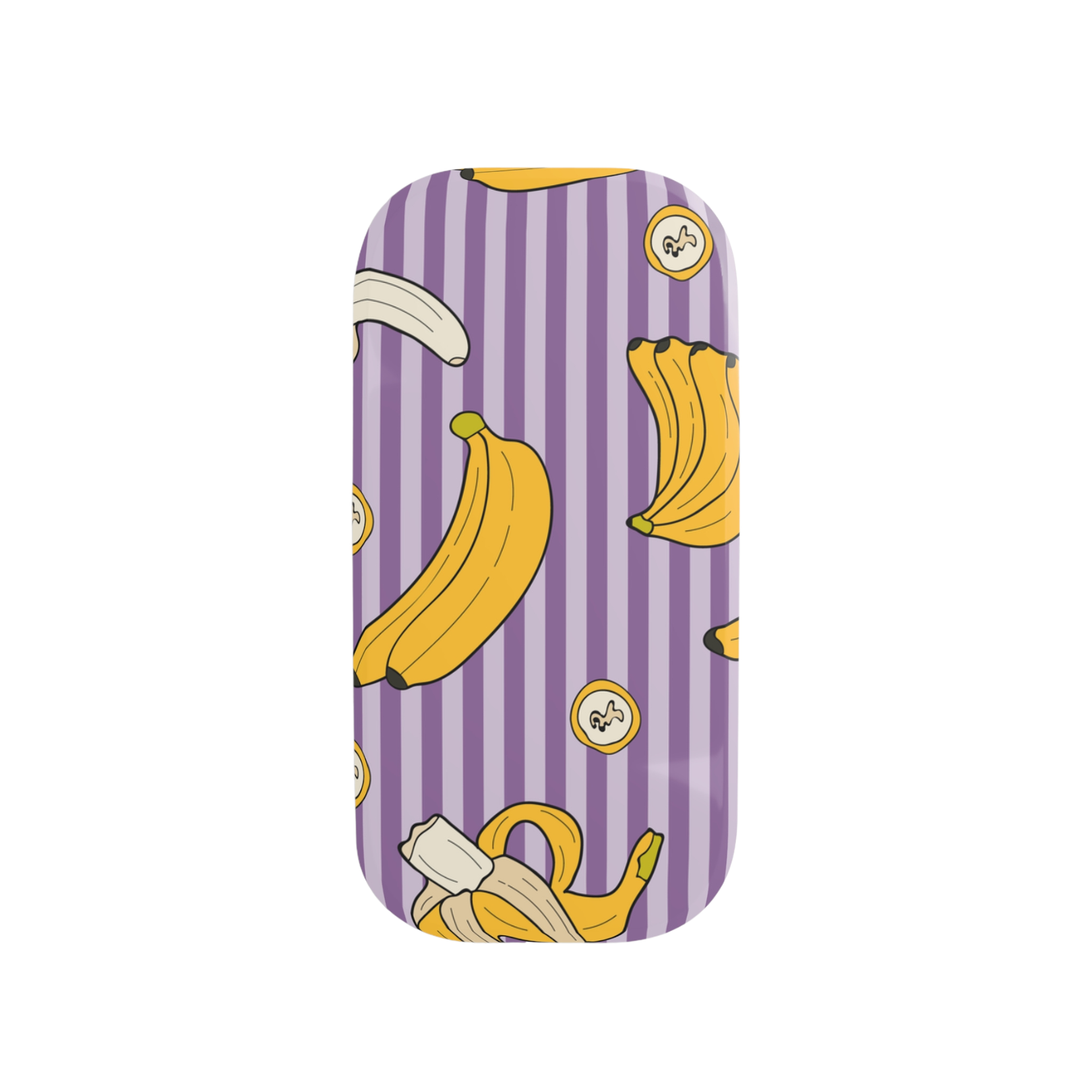 Phone case with banana pattern on a purple and white striped background