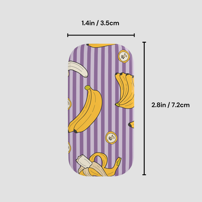 Phone case with banana pattern and measurements on a light gray background