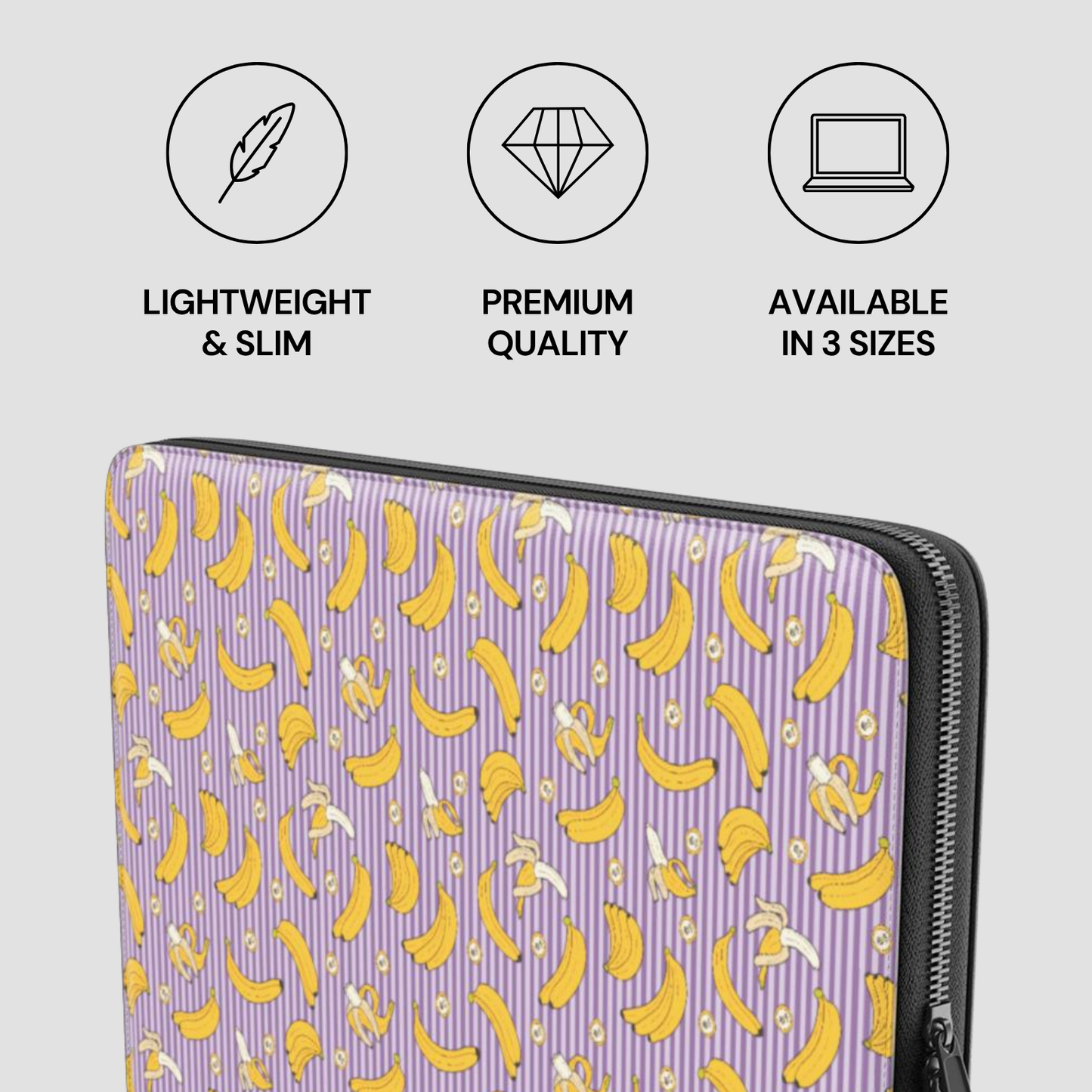 Laptop sleeve with banana pattern on a gray background with icons and text about product features.