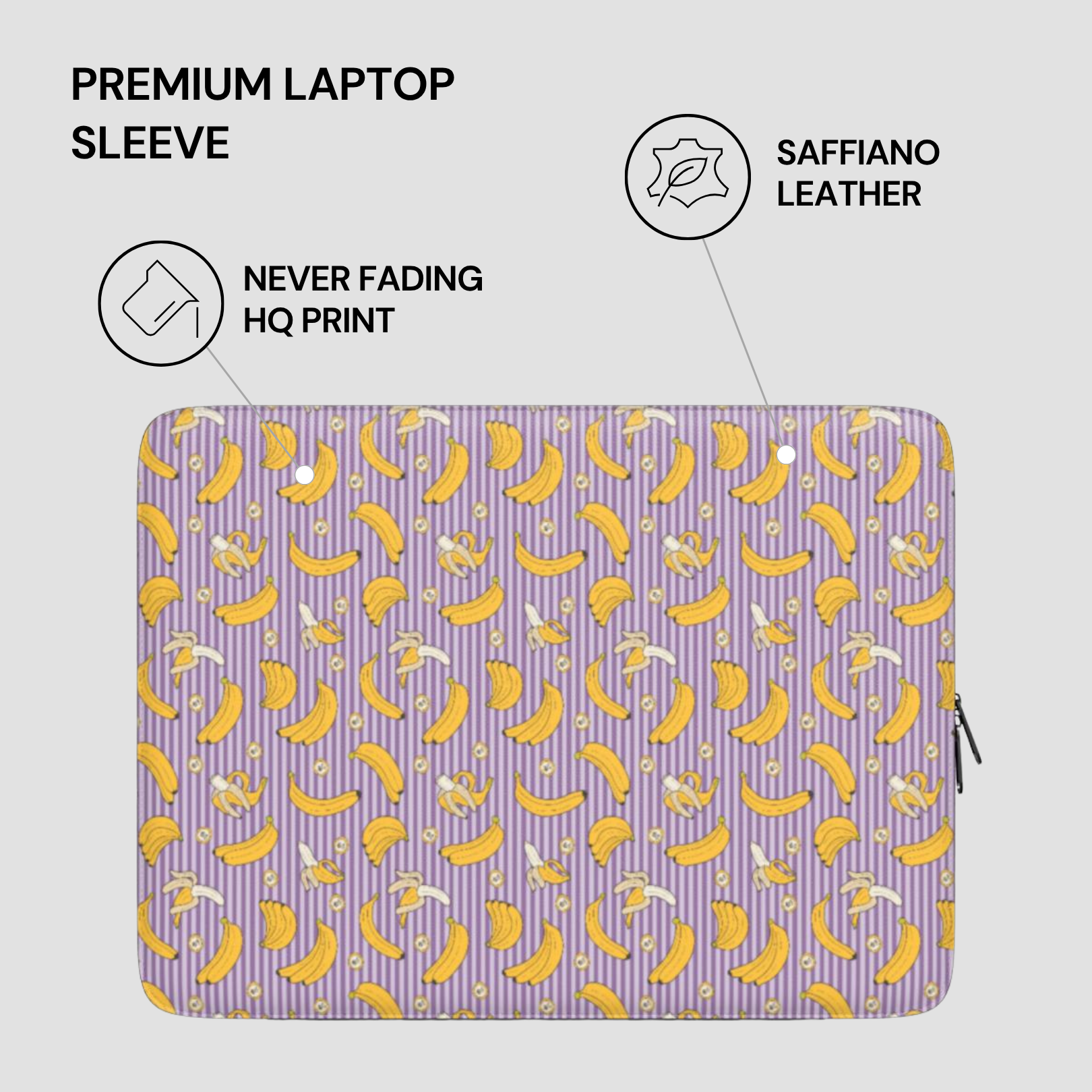 Laptop sleeve with banana pattern on a purple background, featuring text about material and quality.