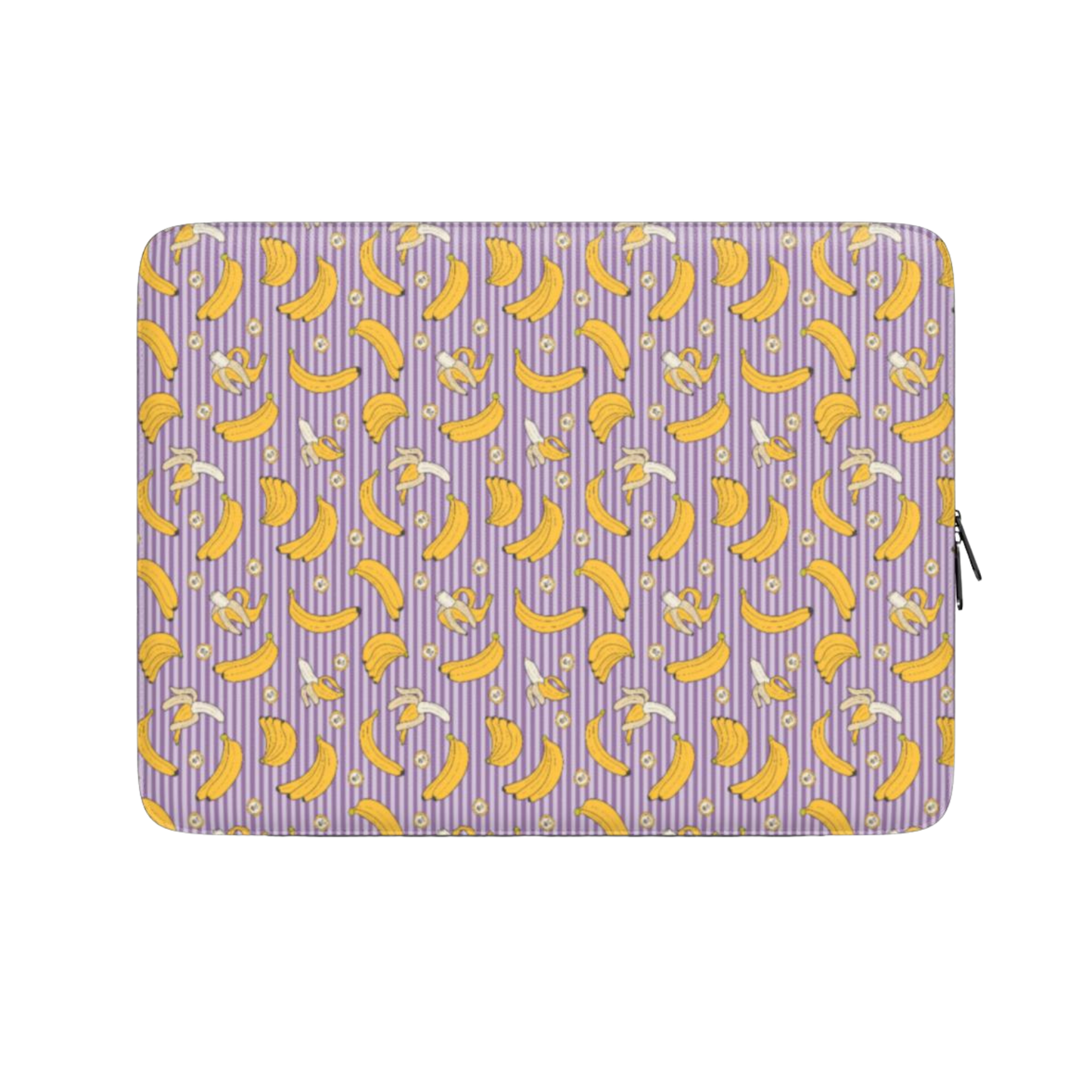 Laptop sleeve with yellow banana pattern on a purple background