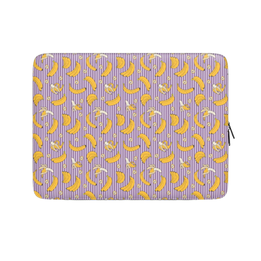 Laptop sleeve with yellow banana pattern on a purple background