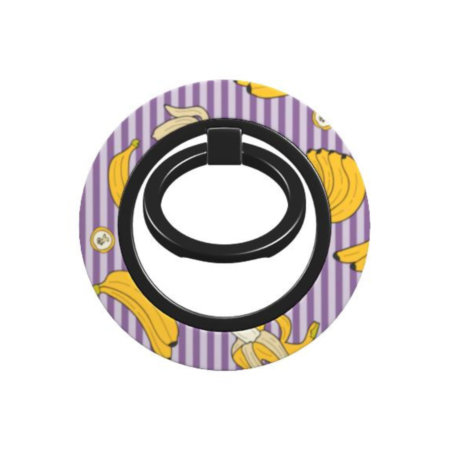Phone ring holder with banana pattern on a purple and white striped background