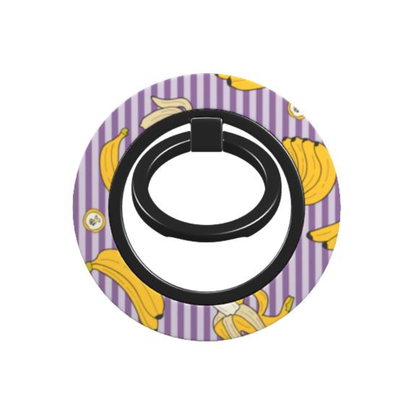 Phone ring holder with banana pattern on a purple and white striped background