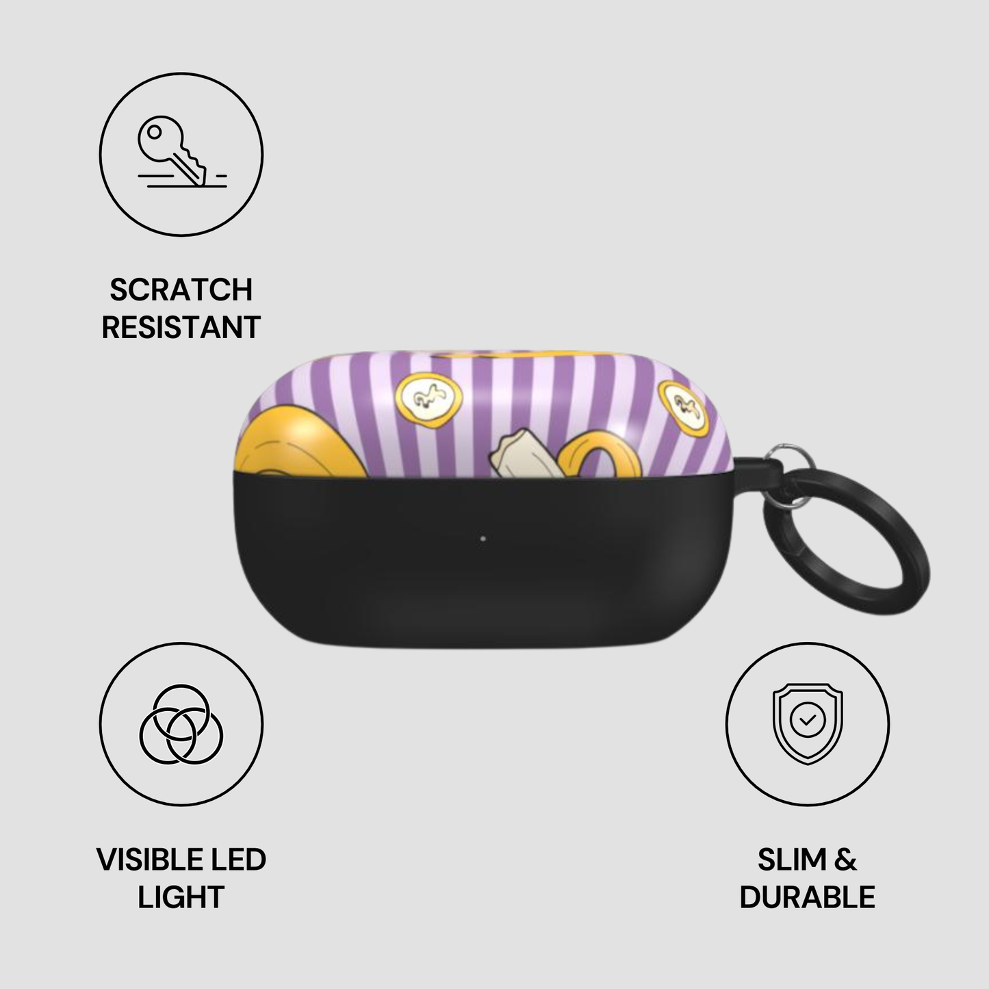 Black case with a purple and white striped design on a gray background
