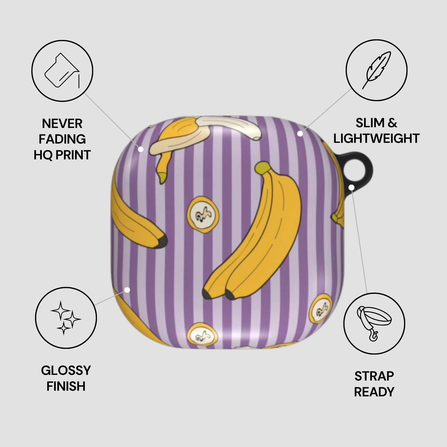 Purple striped pouch with banana design and feature icons on a white background