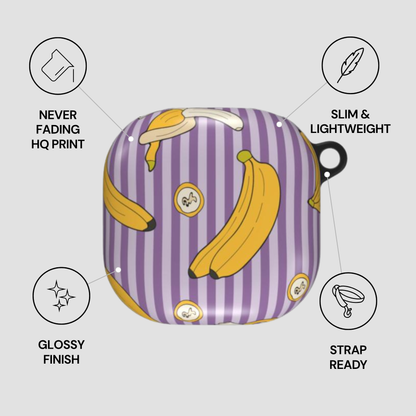 Purple striped pouch with banana design and feature icons on a white background