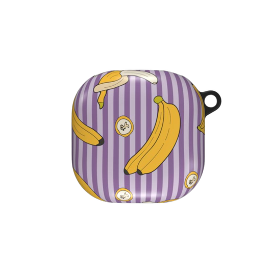 Striped purple and yellow case with banana design on a white background
