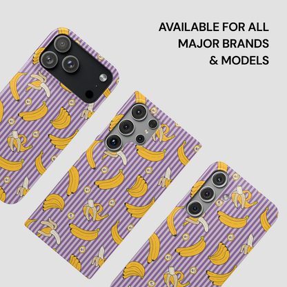 Three phone cases with banana pattern on a light gray background