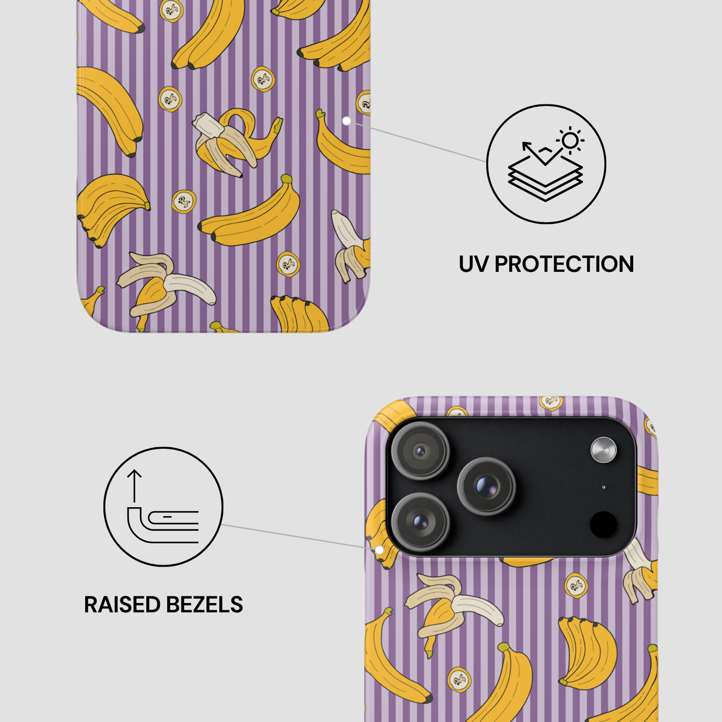 Phone case with banana pattern and UV protection and raised bezels features on a white background