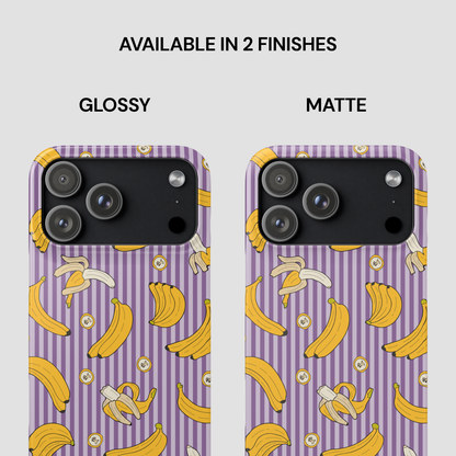 Two phone case designs with banana pattern on a purple background, labeled 'Glossy' and 'Matte'.