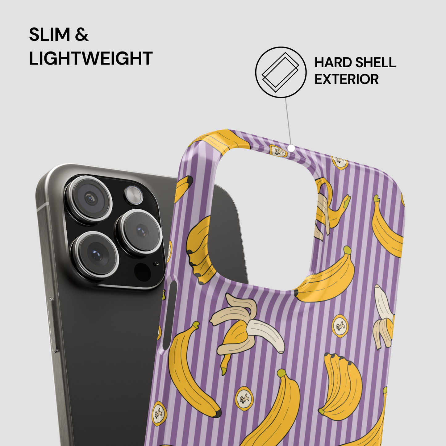 Phone case with banana pattern on a gray background