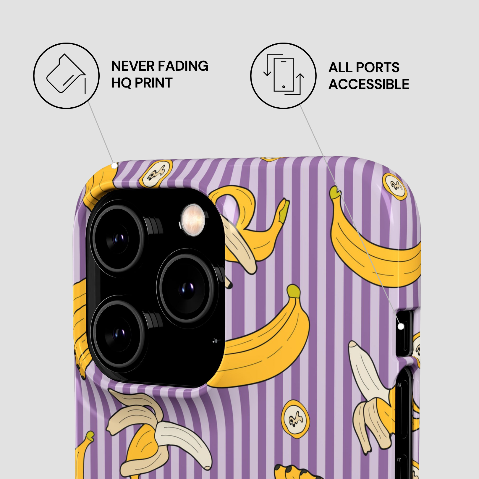 Phone case with banana pattern on a purple background
