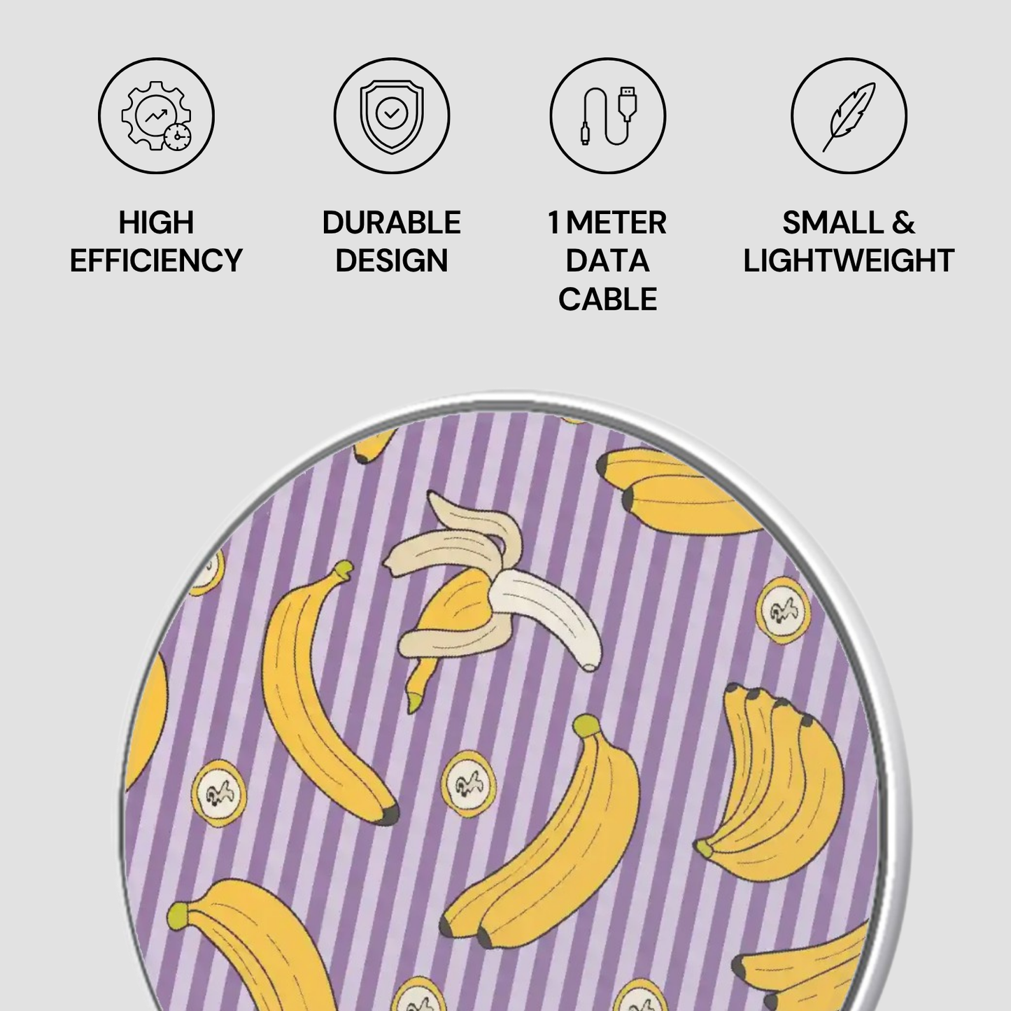 Product with banana pattern on a purple and white striped background, featuring icons and text about product features.