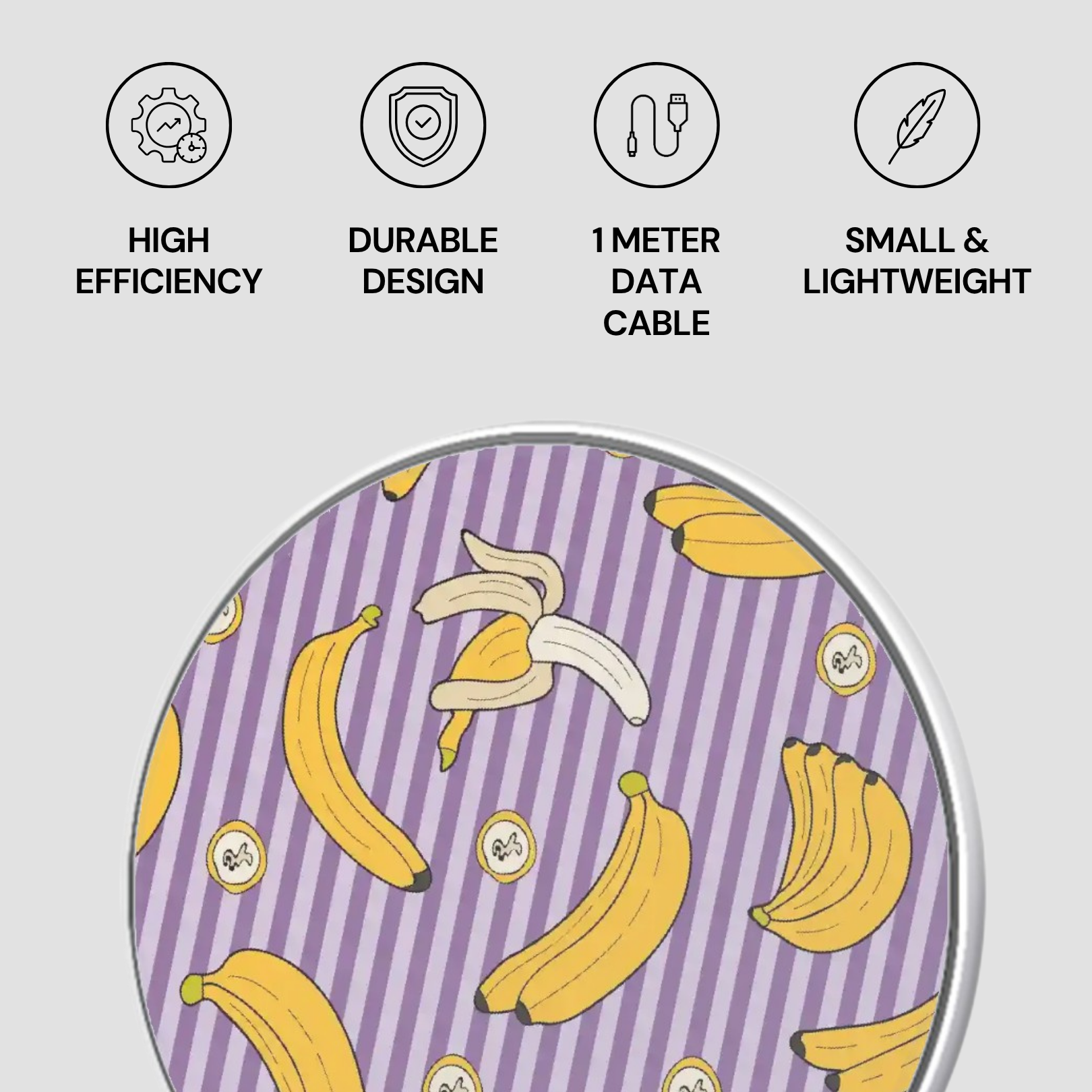 Product with banana pattern on a purple and white striped background, featuring icons and text about product features.